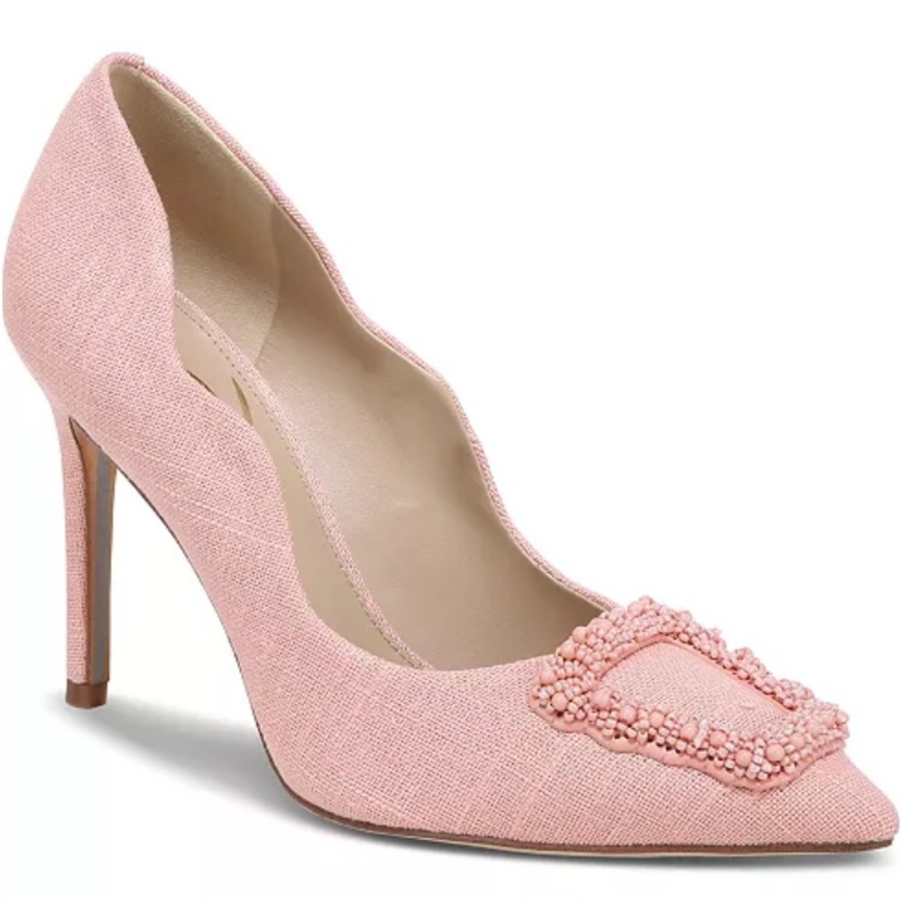 Sam Edelman Harriett Beaded-Buckle Pointed Toe Pumps Peach Linen